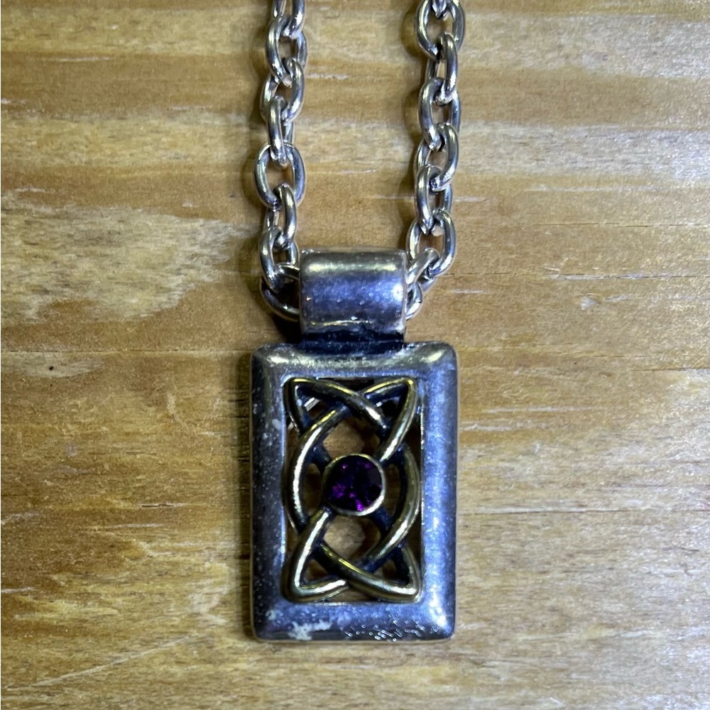 Signed SOLVAR Silver Tone Celtic Knot Purple Stone Pendant Necklace